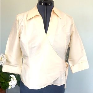 Kate Hill cream 100% silk crossover tie blouse 10